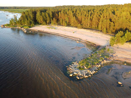 Top-down aerial view of the peninsula in the Leningrad regionの写真素材