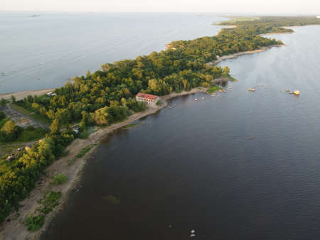 Top-down aerial view of the peninsula in the Leningrad regionの写真素材