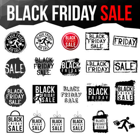 black friday sale discounts promotions vector set on white isolated backgroundの写真素材