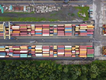 Drone flies over the port of the container terminal in Ust-Lugaの写真素材