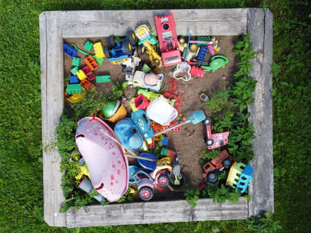 childrens toys in the sandbox. Top viewの写真素材