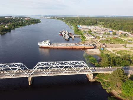 truss iron bridge through river,view an air,aerial photo
