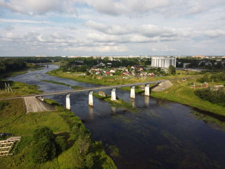railway bridge over the riverの写真素材