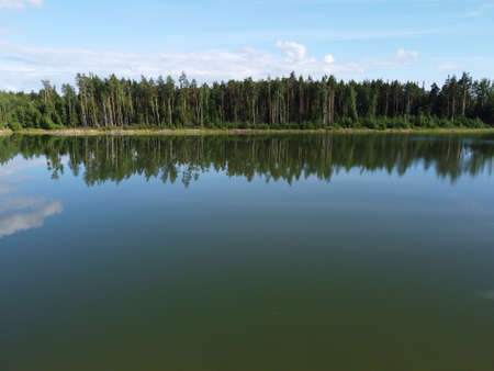 woodland on the shore of a reservoir on a summer day aerial photoの写真素材