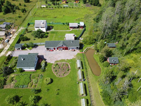 small village aerial photography on a summer sunny dayの写真素材