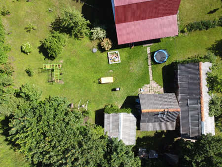 small village aerial photography on a summer sunny dayの写真素材