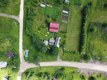 small village aerial photography on a summer sunny dayの写真素材