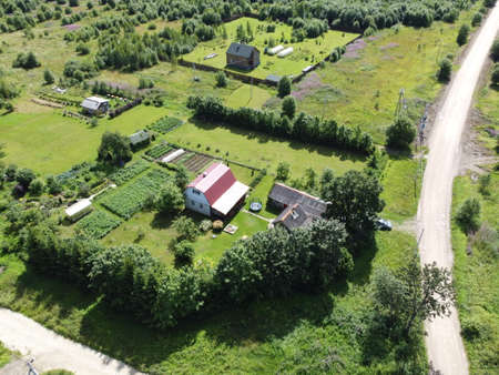 small village aerial photography on a summer sunny dayの写真素材