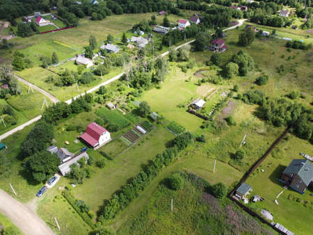 small village aerial photography on a summer sunny dayの写真素材