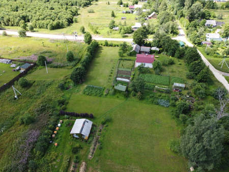 small village aerial photography on a summer sunny dayの写真素材