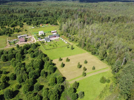 small village aerial photography on a summer sunny dayの写真素材