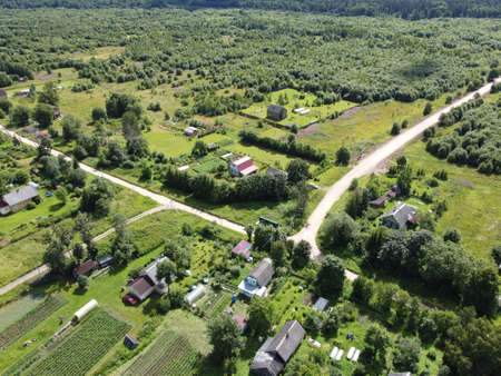 small village aerial photography on a summer sunny dayの写真素材