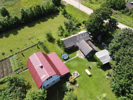 small village aerial photography on a summer sunny dayの写真素材