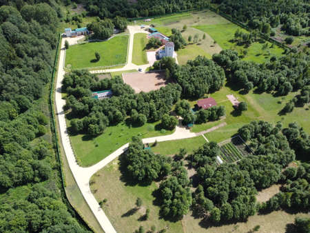 small village aerial photography on a summer sunny dayの写真素材