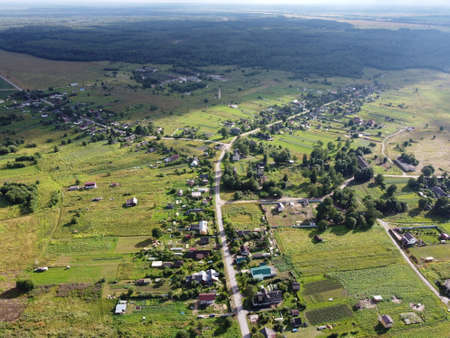 small village aerial photography on a summer sunny dayの写真素材