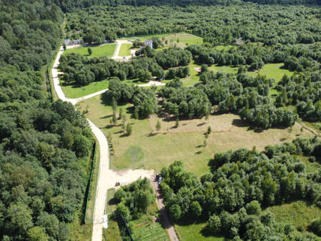 small village aerial photography on a summer sunny dayの写真素材