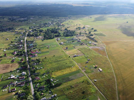 small village aerial photography on a summer sunny dayの写真素材