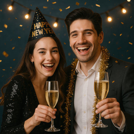 Smiling couple celebrating New Year with champagne, wearing festive party hats and tinsel, surrounded by golden confetti and holiday lights.の素材