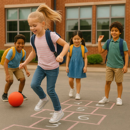 Happy children playing hopscotch with chalk numbers on playground outside school building. Kids with backpacks enjoying outdoor activity together. Perfect for back to school, childhood, and friendship themes.の素材