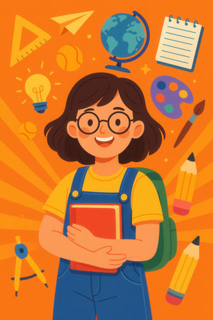 Bright back to school illustration with a smiling girl holding a book and wearing a backpack, surrounded by educational items such as globe, palette, pencils, notebook, and light bulb on orange background.の素材