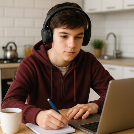 Focused teenage boy wearing headphones studying online with laptop at home, taking notes in notebook with pen and cup of coffee on table. Perfect for e-learning, distance education, and online study themes.の素材
