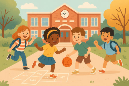 Cheerful illustration of children playing basketball and hopscotch in front of school building with clock tower, wearing backpacks and enjoying outdoor activities. Perfect for back to school, childhood, and education themes.の素材