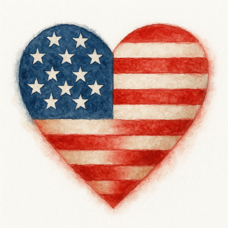 Artistic watercolor illustration of a heart filled with the United States flag pattern in red, white and blue. Perfect for patriotic designs, Independence Day celebrations and creative projects.の素材