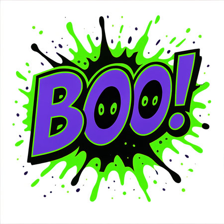 Bold Halloween lettering with the word Boo in purple and green, surrounded by a spooky paint splatter effect and ghostly eyes. Perfect for t-shirts, posters, stickers, and Halloween party decorations.の素材