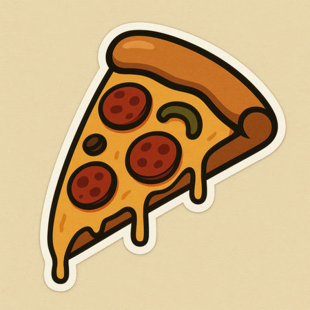 Fun cartoon style illustration of a hot pizza slice with melting cheese, pepperoni, and toppings, perfect for food graphics, stickers, or playful designs.の素材