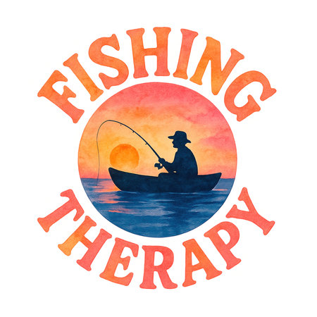 Artistic typography with the phrase Fishing therapy featuring a silhouette of a fisherman in a boat holding a rod against a colorful sunset. Relaxing outdoor lifestyle theme for fishing lovers.の素材