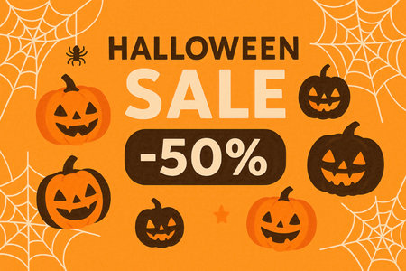 Festive Halloween sale banner with jack o lanterns, spider webs, spider and bold text announcing 50 percent off on an orange background. Perfect for seasonal promotions, online ads and store displays.の素材