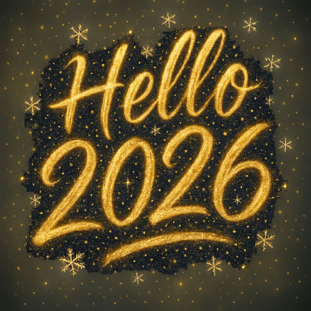 Festive hand lettering Hello 2026 with sparkling golden glitter effect, stars and snowflakes on a dark background. Perfect for New Year cards, posters, invitations and seasonal decor.の素材
