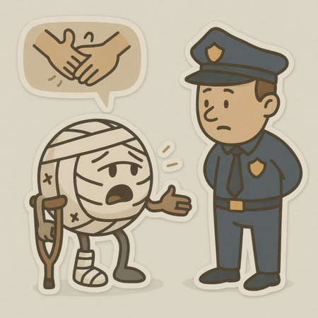 Humorous cartoon illustration of a bandaged ball character on crutches talking to a police officer, describing the attacker with a speech bubble showing two hands.の素材