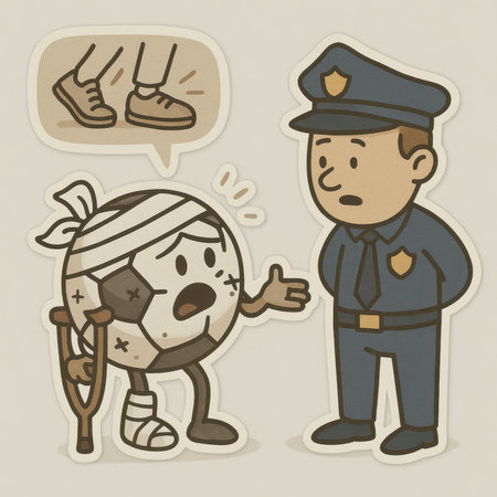 Funny cartoon illustration of an injured soccer ball character on crutches talking to a police officer, describing a suspect with shoes in a speech bubble.の素材