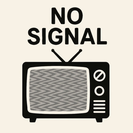 Minimalist illustration of a vintage television set showing static with bold text reading No Signal. Simple retro styled artwork symbolizing disconnection or lost communication.の素材