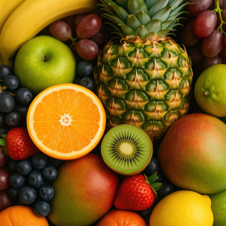 Colorful assortment of tropical and seasonal fruits including pineapple, mango, kiwi, orange, grapes, strawberries, bananas, apple, lemon, lime, and blueberries. Fresh organic produce for a healthy diet.の写真素材