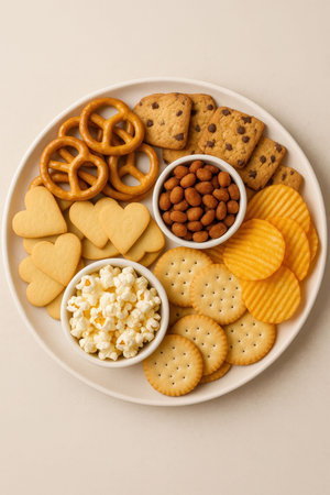 Variety of snacks including pretzels, heart shaped cookies, chocolate chip cookies, salted nuts, popcorn, round crackers and potato chips arranged on a white plate. Perfect party or movie night snack selection.の写真素材