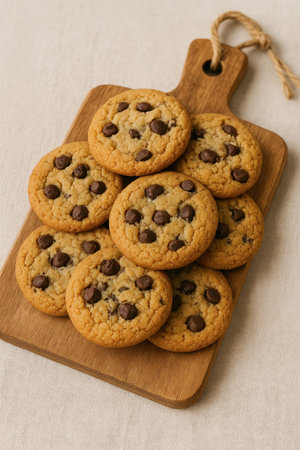 Pile of freshly baked chocolate chip cookies placed on a rustic wooden cutting board. Sweet dessert...