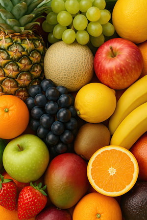 Colorful assortment of fresh fruits including pineapple, grapes, melon, apples, oranges, lemons,...