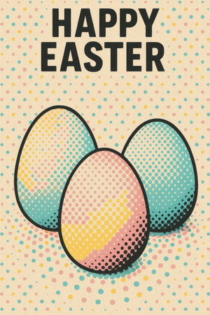 Vintage style Easter poster with colorful decorated eggs and bold typography on a halftone dot background. Cheerful retro artwork symbolizing spring celebration, joy and holiday traditions.の素材