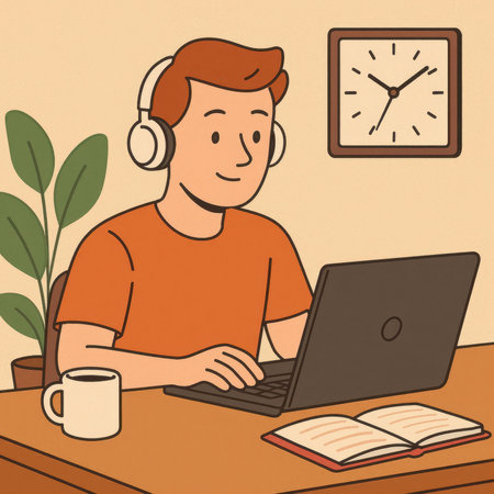 Illustration of a man wearing headphones and working on a laptop at a desk with a cup of coffee, open notebook, plant and wall clock. Concept of remote work, study, online learning and productivity.の素材