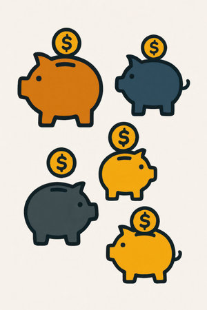 Flat illustration of colorful piggy banks with coins. Concept of money saving, financial planning, investment, and personal finance. Minimalist and modern design for banking and finance themes.の素材