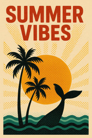Vibrant retro-style poster with bold text Summer Vibes, featuring palm trees, ocean waves, a whale tail, and a glowing sun in halftone texture. A playful and nostalgic design perfect for beach, summer holidays, and tropical lifestyle themes.の素材