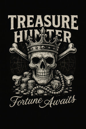 Vintage pirate skull with a crown and crossed bones surrounded by gold coins, jewels, and pearls. A bold dark artwork symbolizing treasure hunting, fortune, and the mysteries of hidden riches at sea.の素材