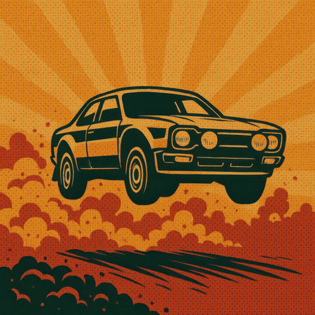 Bold retro illustration of a rally car soaring through the air with dramatic dust clouds and halftone rays in the background. Dynamic design that captures speed, adrenaline, and the spirit of motorsport action.の素材