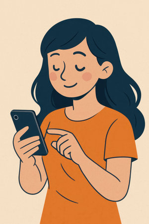 Flat illustration of a smiling young woman with long dark hair using a smartphone. Concept of mobile communication, social media, online chatting, and digital lifestyle.の素材