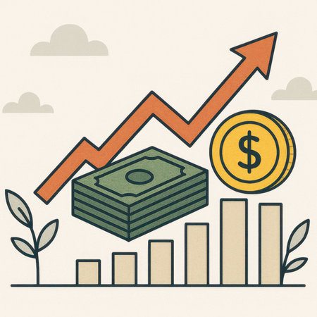 Flat illustration showing financial growth with upward arrow, bar chart, money stack, and gold coin. Concept of investment, profit, savings, and business success with decorative leaves and clouds.の素材