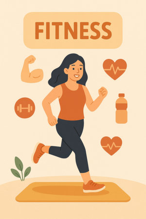 Cartoon illustration of a woman jogging on a mat, surrounded by fitness icons including a dumbbell, heart rate, flexed arm, and water bottle. Promotes healthy lifestyle, exercise, and cardio training.の素材