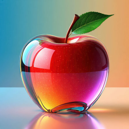 Artistic 3D illustration of a shiny apple with glass-like surface reflecting vibrant gradient colors in red, orange, pink and blue tones. Modern surreal fruit design with realistic leaf detail.の素材