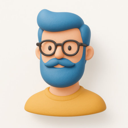 Colorful 3D illustration of a man with blue hair, beard, and mustache, wearing black glasses and a yellow shirt. Modern, trendy style perfect for avatars, profiles, and creative projects.の素材